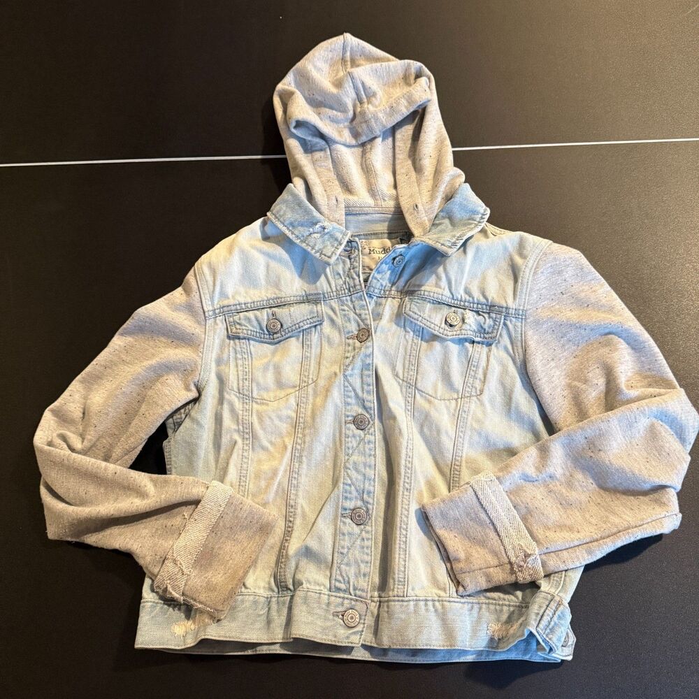 Mudd Women’s Y2K Denim Jacket with Sweatshirt Hood & Sleeves – XL